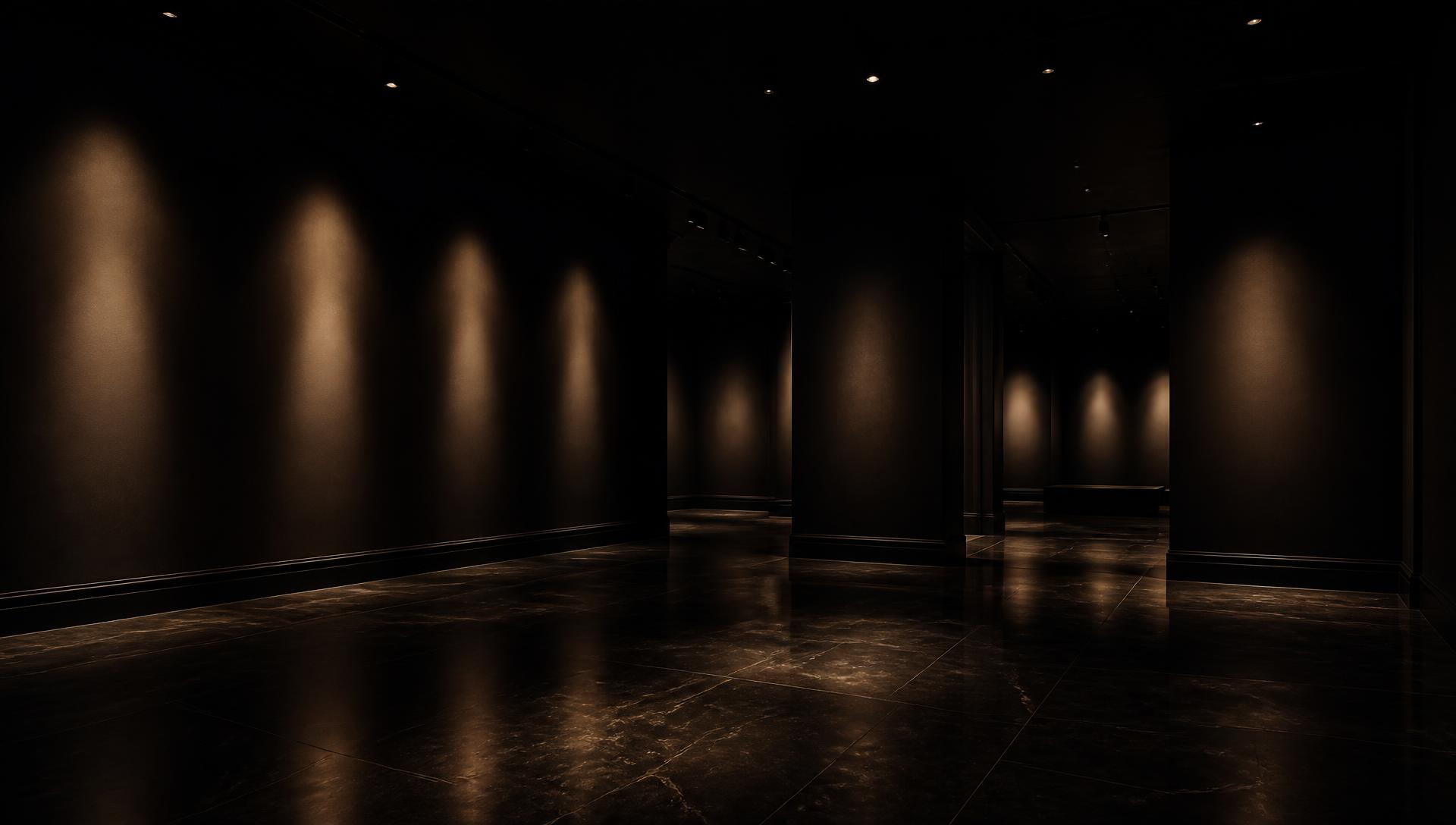 A darkened private gallery lit by warm spotlights